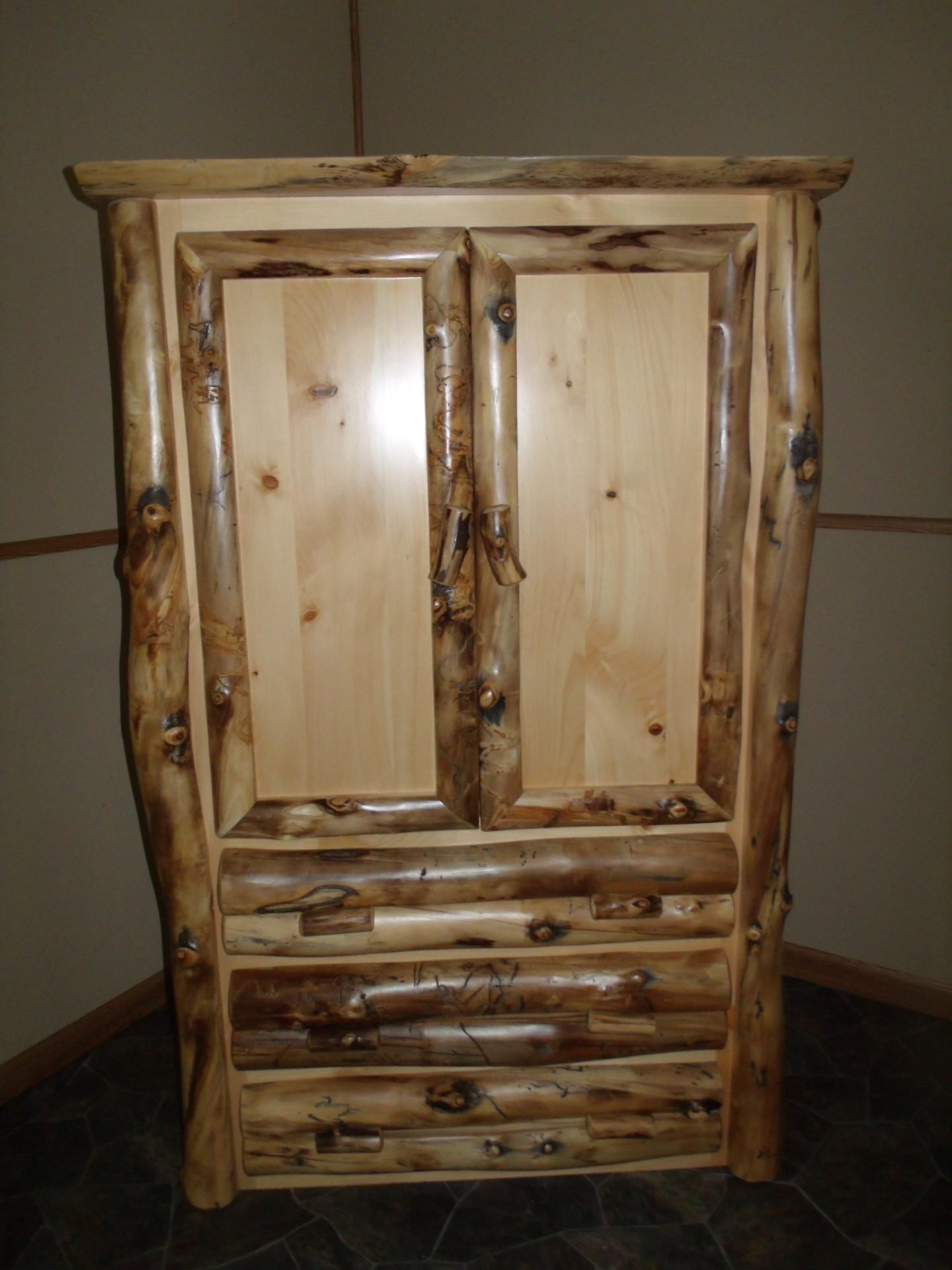 Rustic Aspen Log Armoire 2 Doors and 3 Drawers
