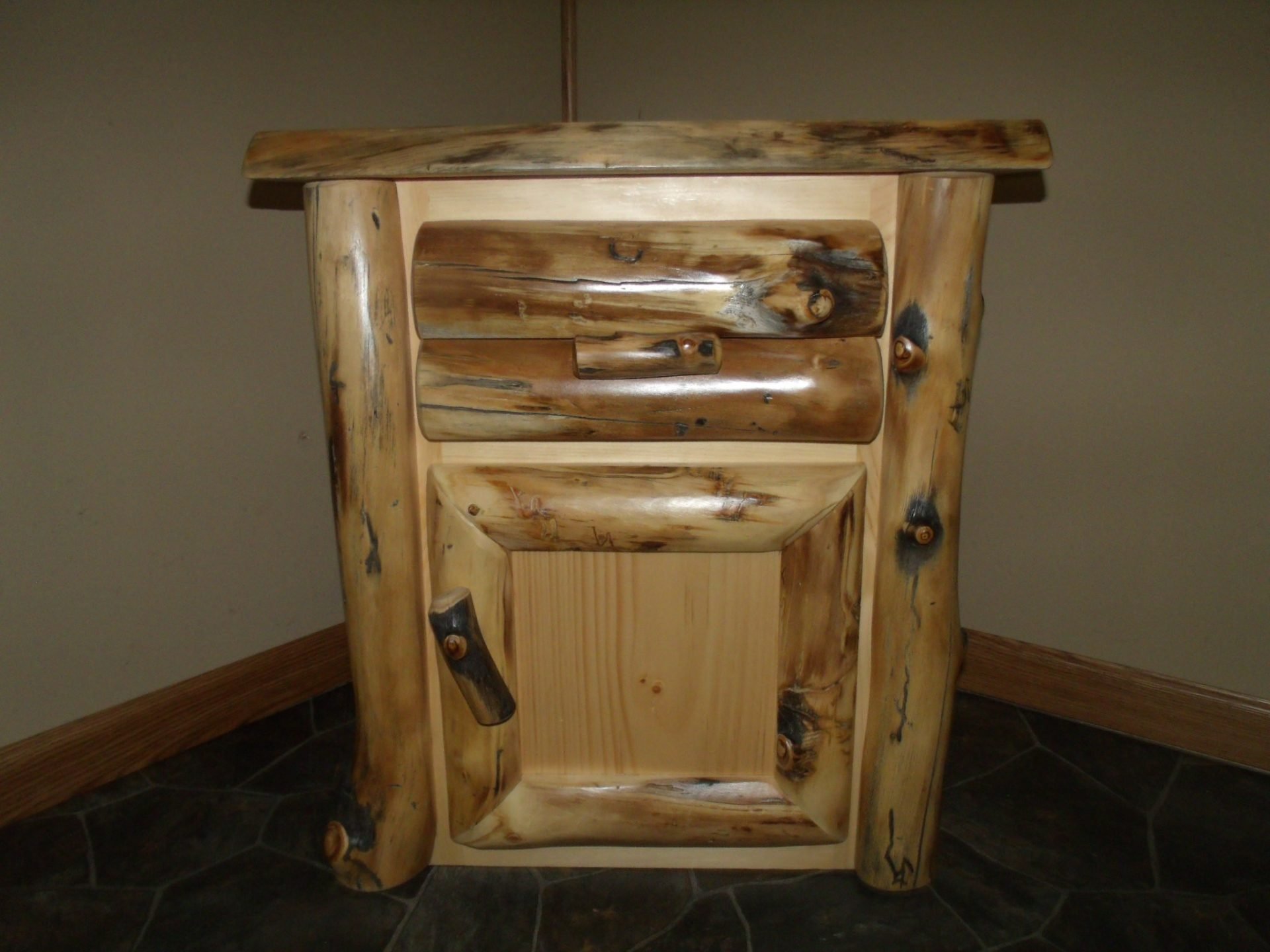 Rustic Aspen Log Nightstand- 1 Door and 1 Drawer