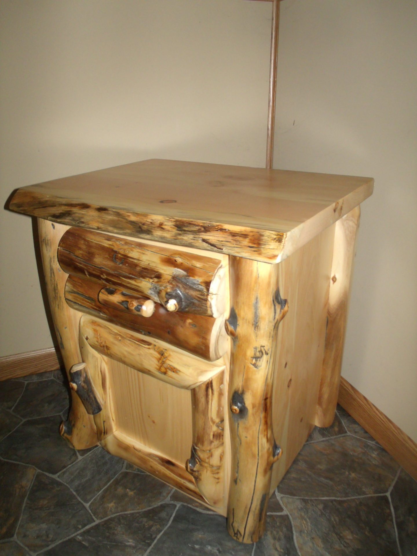 Rustic Aspen Log Nightstand- 1 Door and 1 Drawer