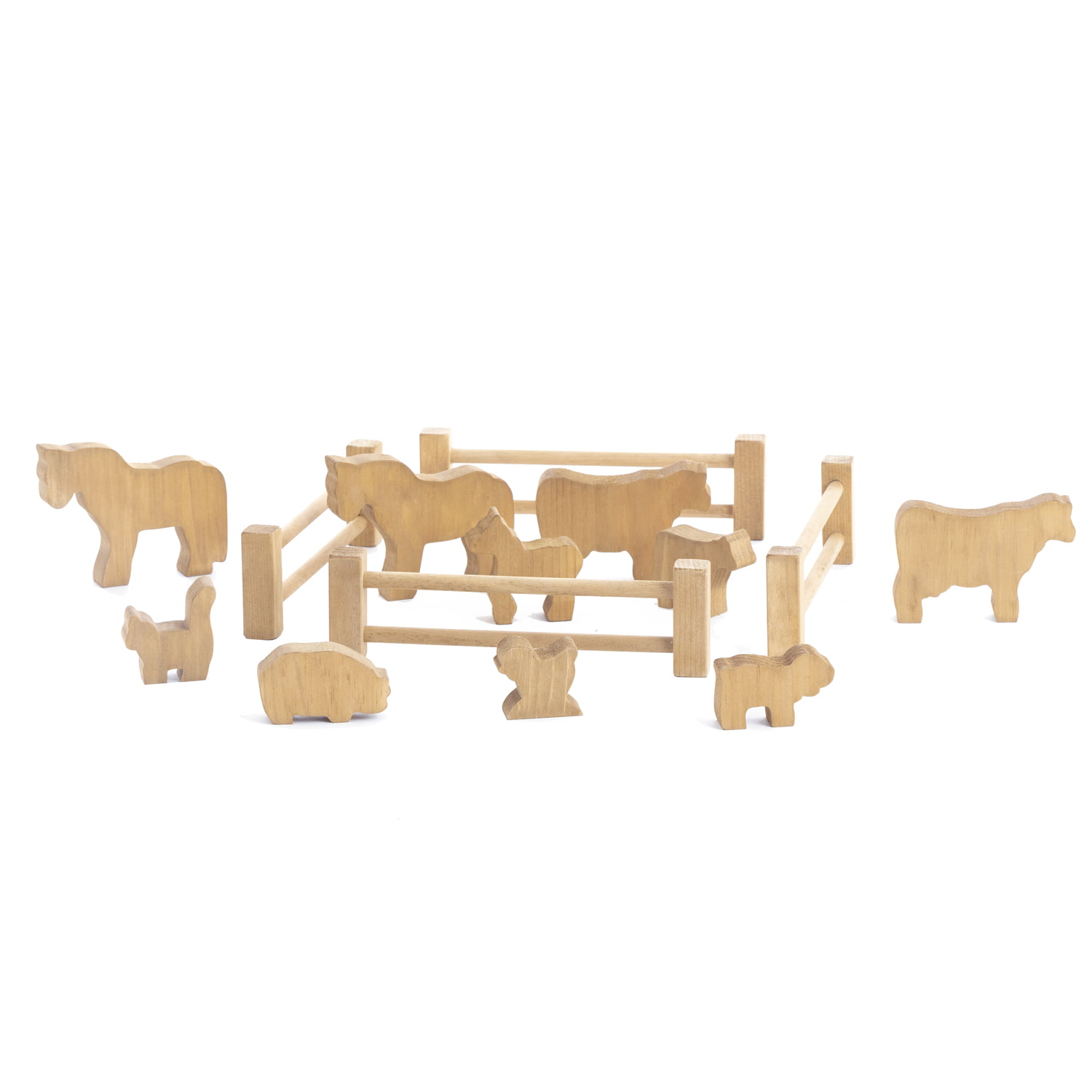 Wood Farm Animals with Fence – 14 Piece Set