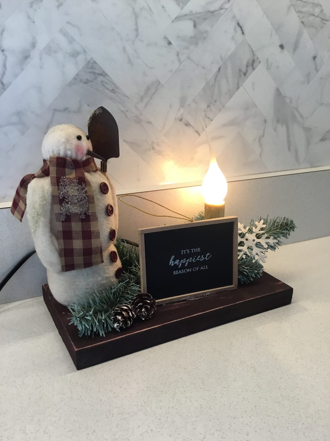 Snowmand Christmas Plaque with Flameless Candle