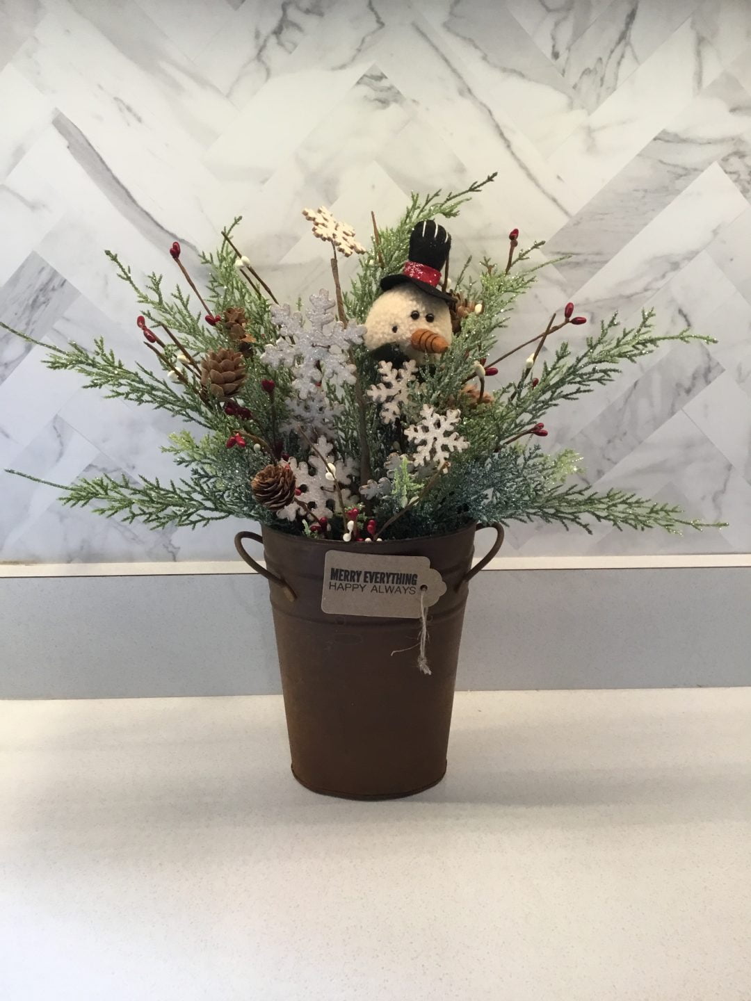 Christmas Rustic Bucket Centerpiece with Snowman