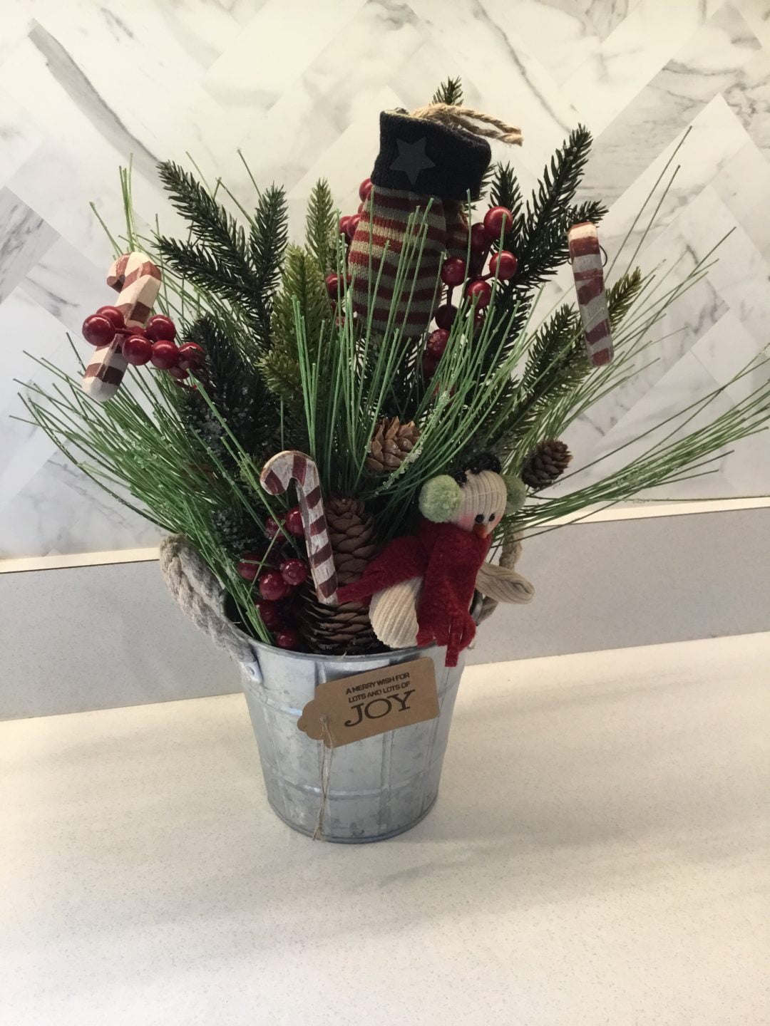 Christmas Galvanized Bucket Centerpiece with Snowman