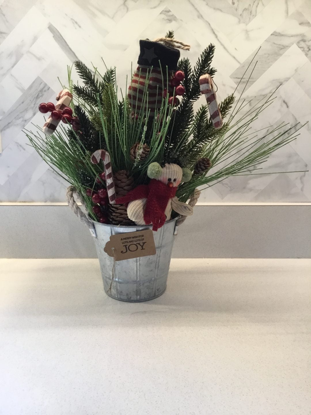 Christmas Galvanized Bucket Centerpiece with Snowman