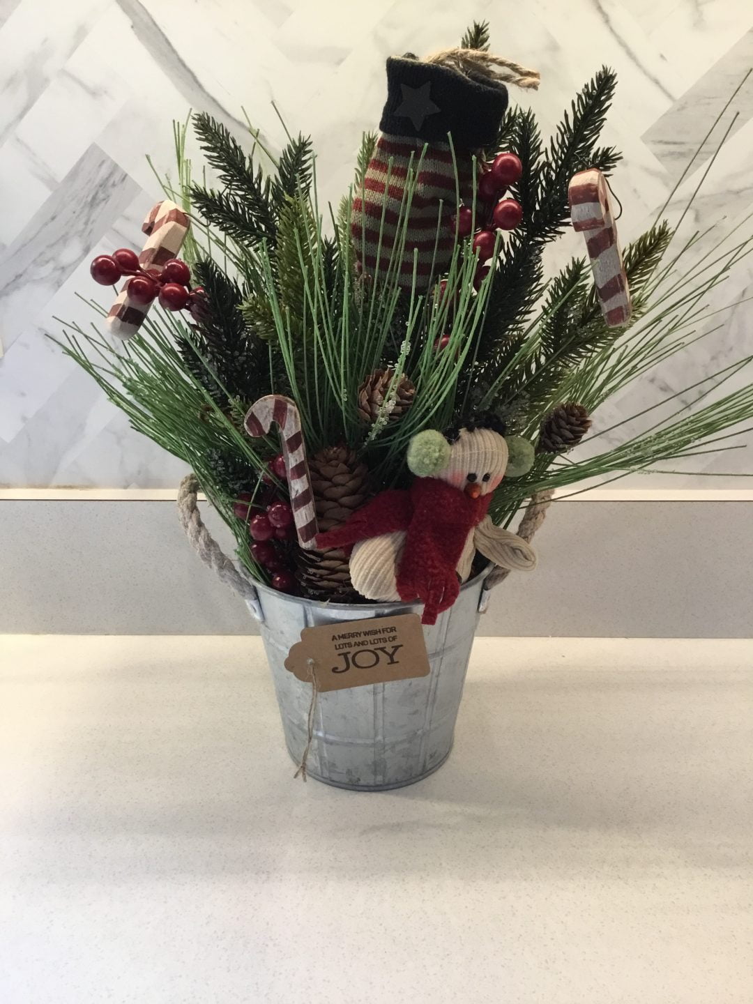 Christmas Galvanized Bucket Centerpiece with Snowman