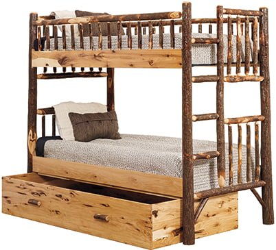Rustic Hickory Log Twin over Twin Bunk Bed with Trundle