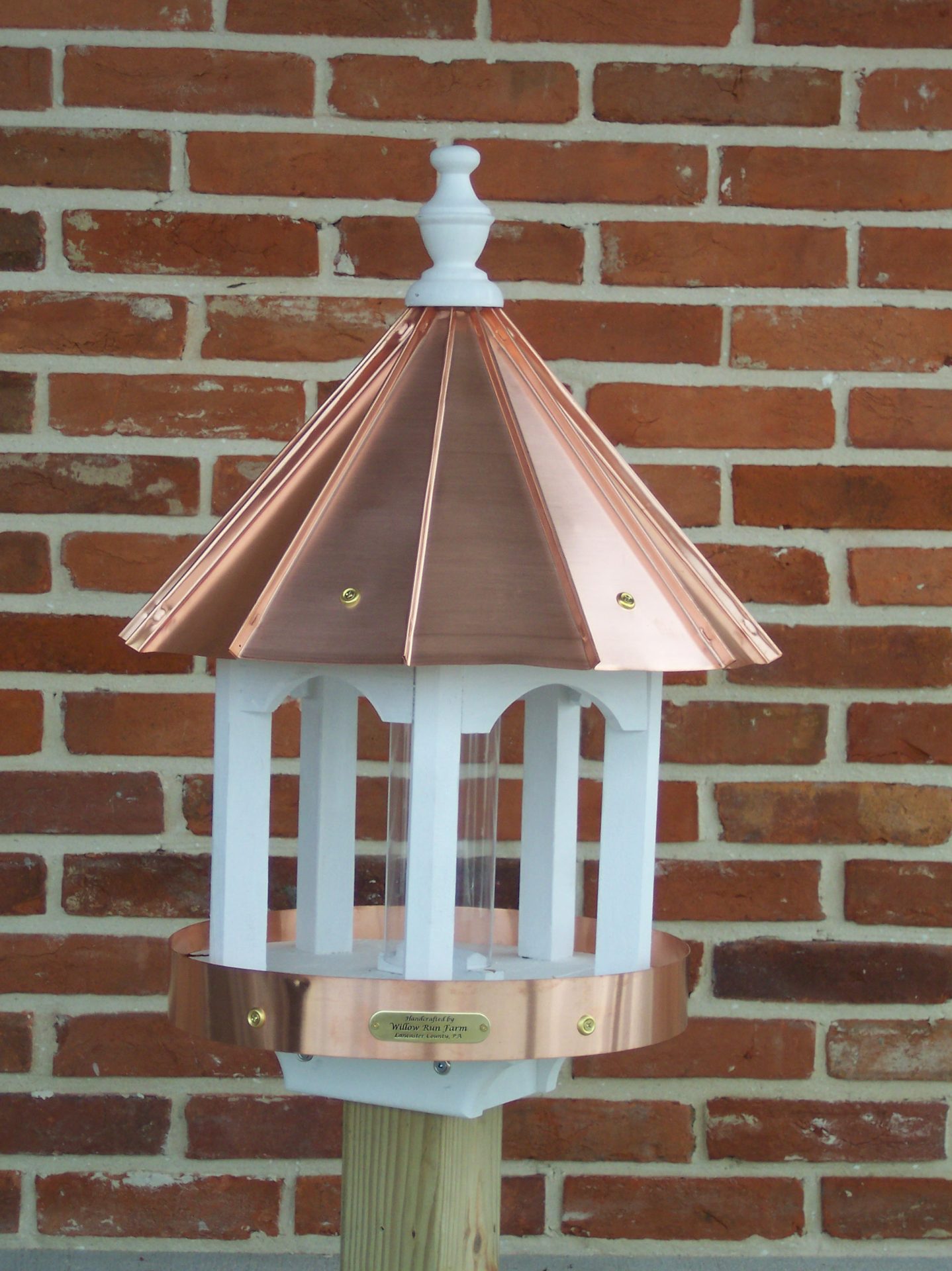 Round White Bird Feeder with Copper Roof