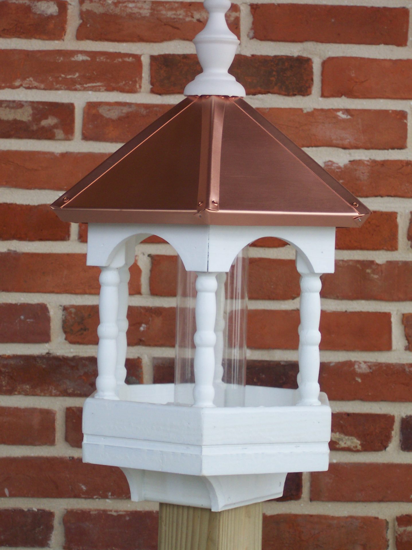 Small White Bird Feeder with Spindles and Copper Roof