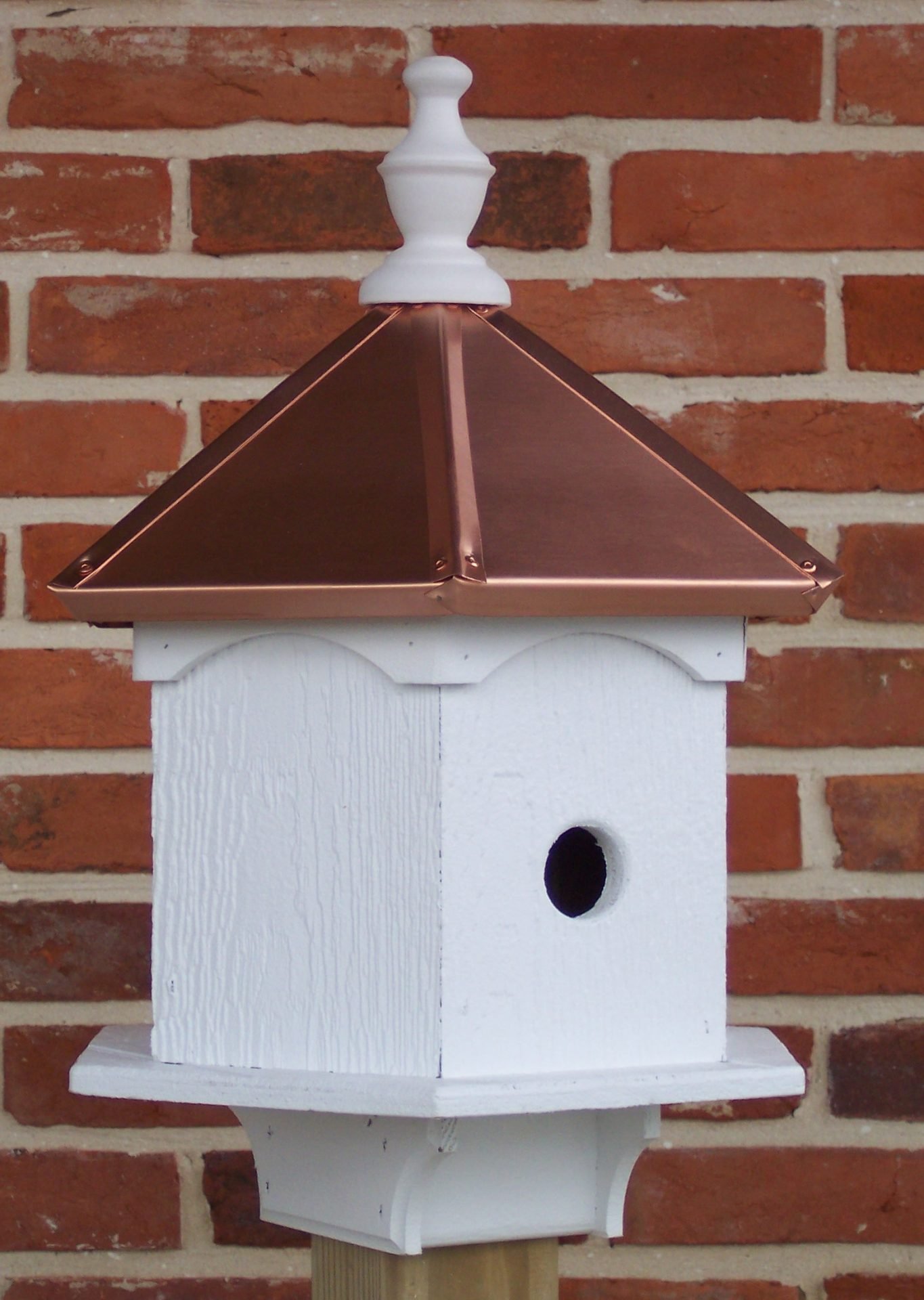 Double Sided 2 Hole Bird House with Polished Copper Roof - 20 inches Tall