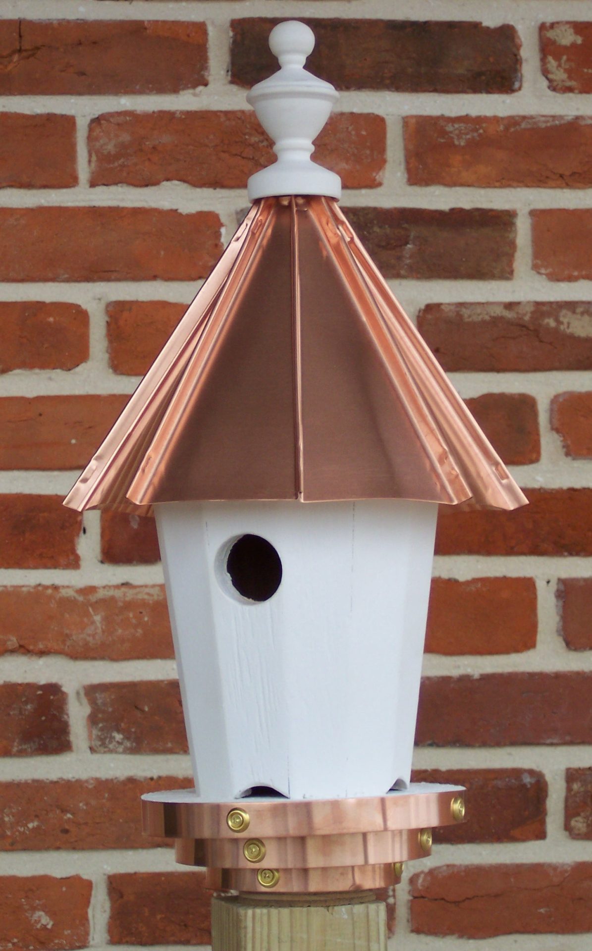 Single Hole Bird House with Polished Copper Roof - 20 inches Tall