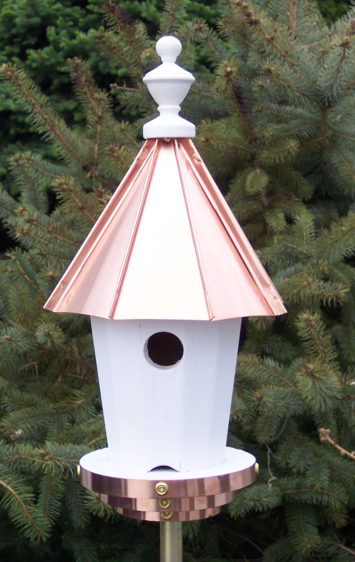 Single Hole Bird House with Polished Copper Roof - 20 inches Tall