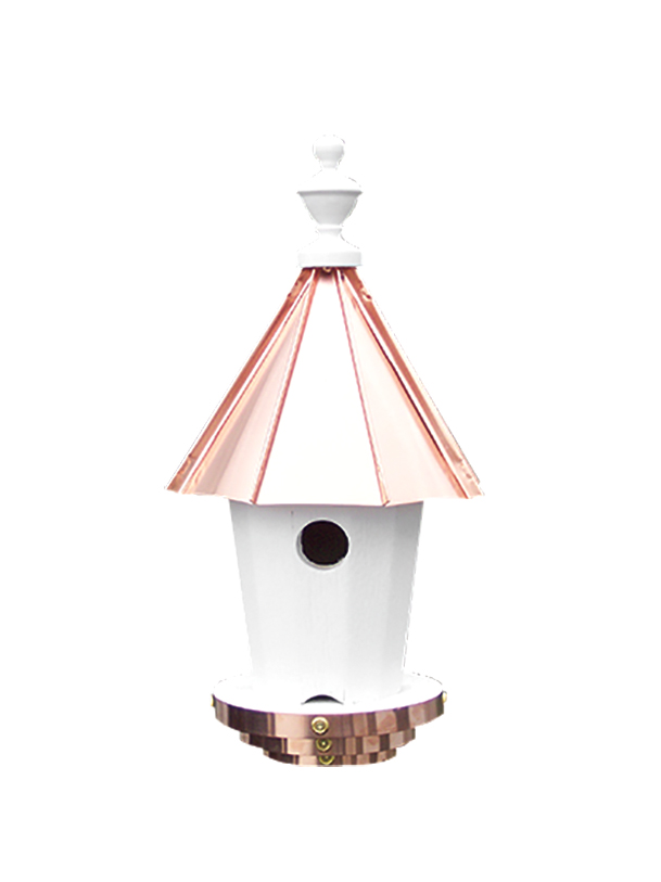 Single Hole Bird House with Polished Copper Roof - 20 inches Tall