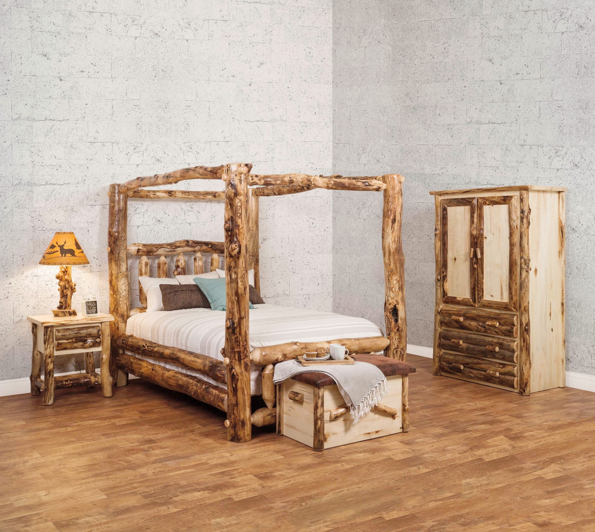 Rustic Aspen Log Complete Bedroom Set – Includes Bed, 1 Amoire, 1-Draver Nightstand, Blanket chest with seat, and 1 Table lamp