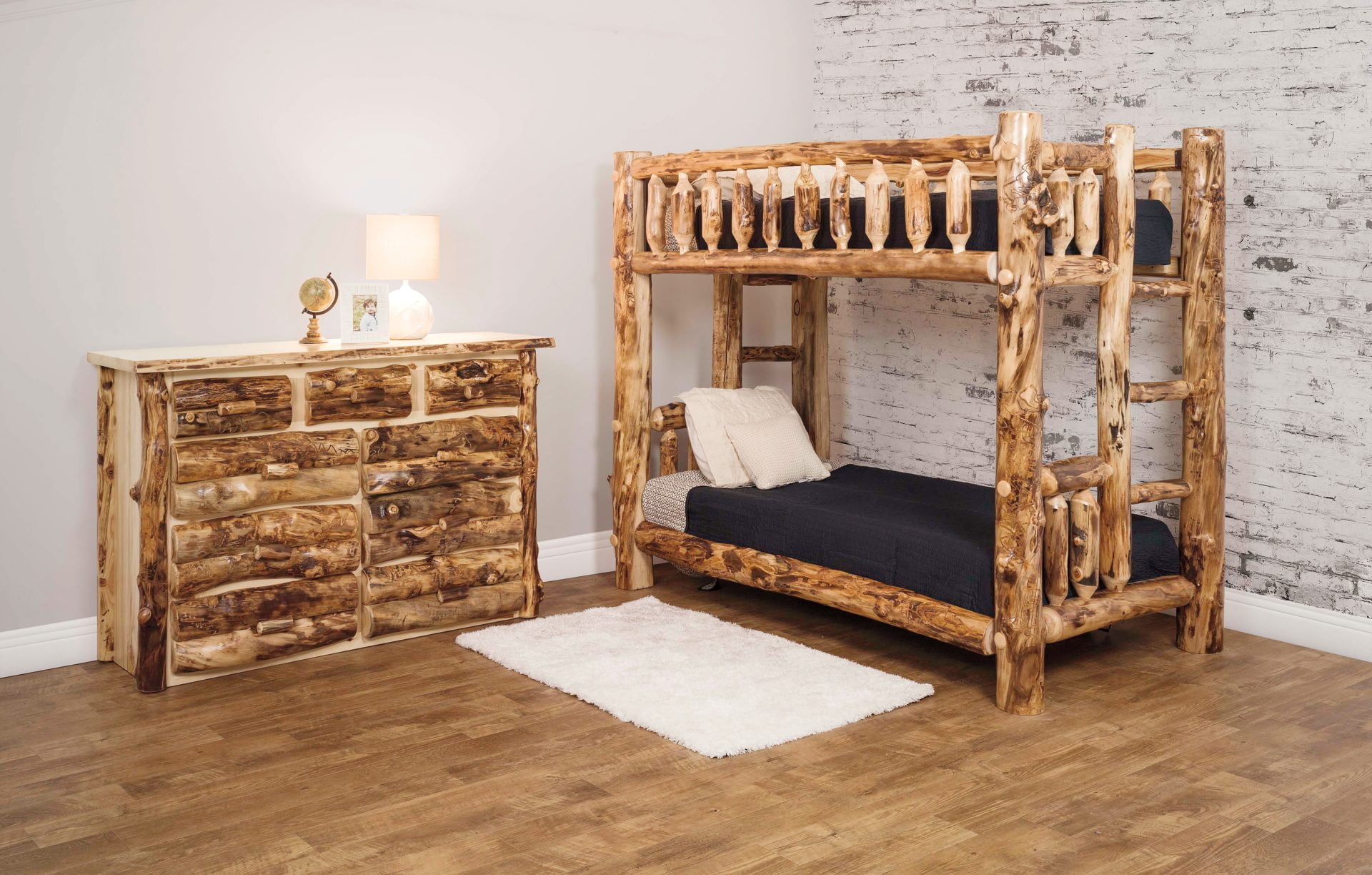 Rustic Aspen Log Bunk Bed Bedroom Set – 1 Twin over Twin Bunk Bed and 1 9-Drawer Dresser