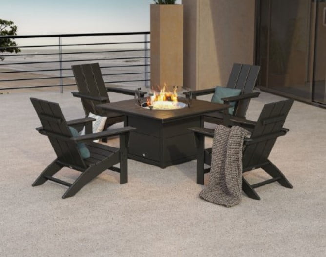 Polywood ® Modern 5-Piece Adirondack Chair Conversation Set with Fire Pit Table