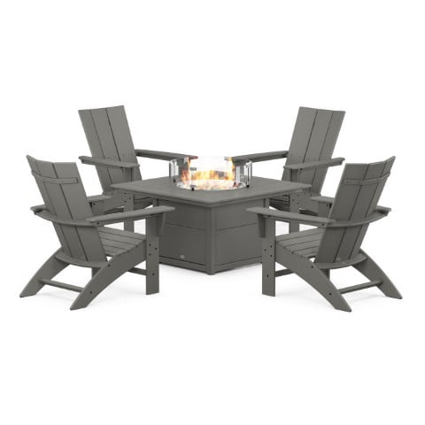 Polywood ® Modern Curveback Adirondack 5-Piece Conversation Set with Fire Pit Table