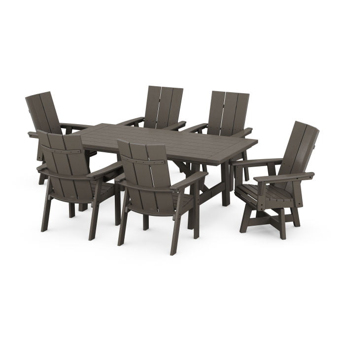 Polywood ® Modern Curveback Adirondack 7-Piece Rustic Farmhouse Swivel Dining Set in Vintage Finish