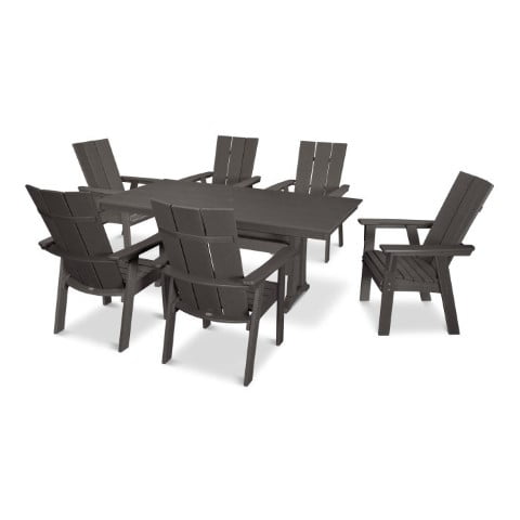 Polywood ® Modern Curveback Adirondack 7-Piece Farmhouse Trestle Dining Set in Vintage Finish