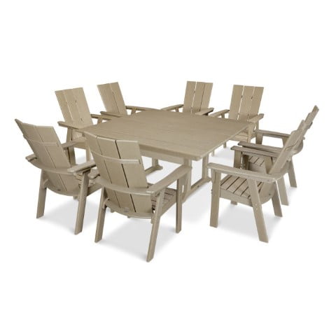 Polywood ® Modern Curveback Adirondack 9-Piece Farmhouse Trestle Dining Set in Vintage Finish