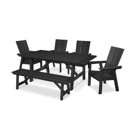 Polywood ® Modern Curveback Adirondack 6-Piece Rustic Farmhouse Dining Set with Bench