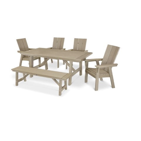 Polywood ® Modern Curveback Adirondack 6-Piece Rustic Farmhouse Dining Set with Bench in Vintage Finish