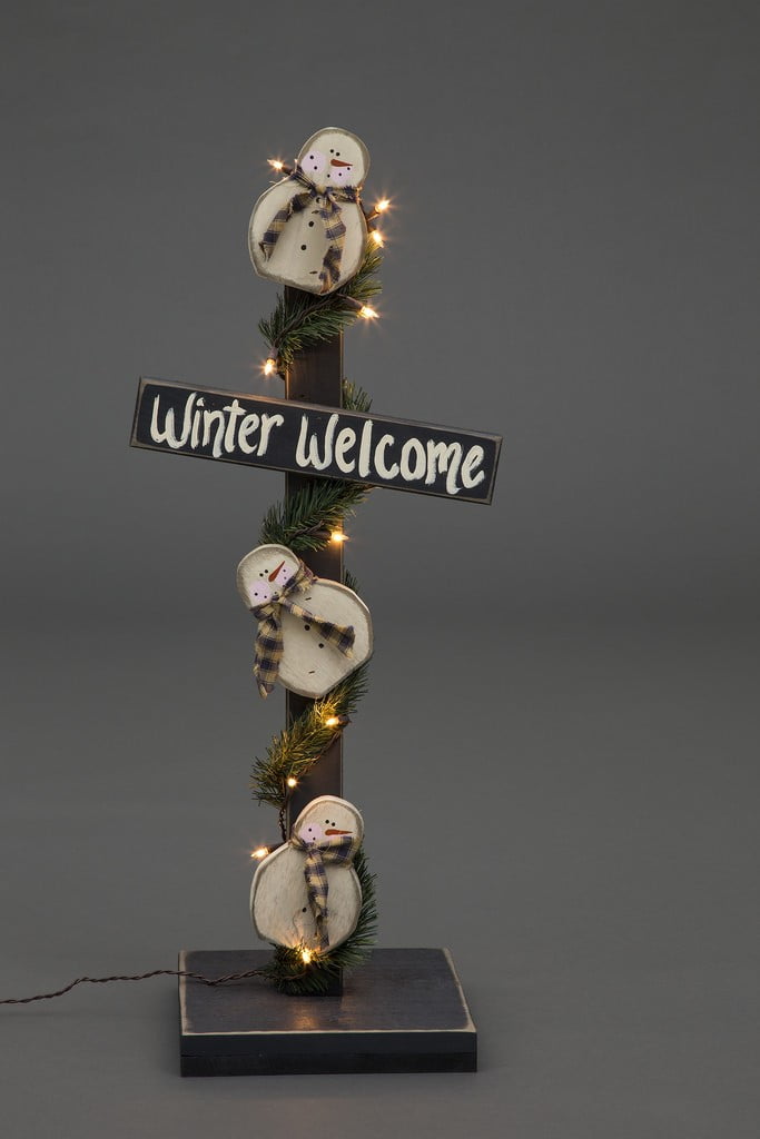 Primitive Christmas Decoration – Wooden Winter Welcome Lighted Snowman Post