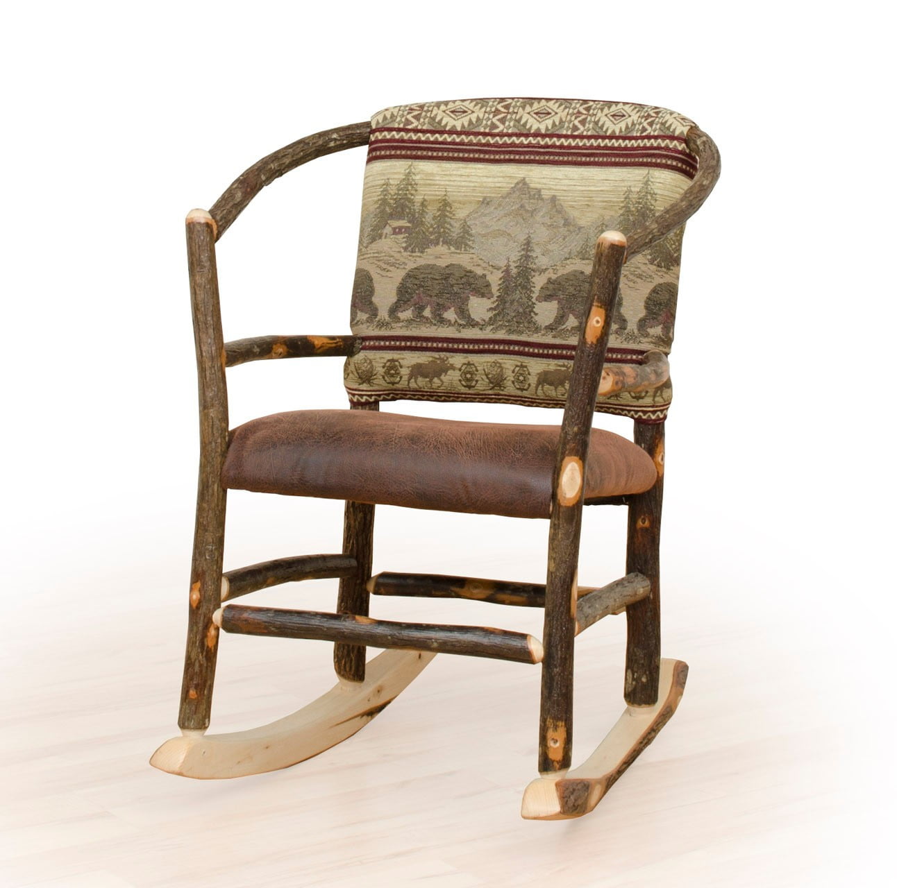 Rustic Hickory Log Hoop Rocking Chair – Faux Brown Leather Seat & Upholstered Back