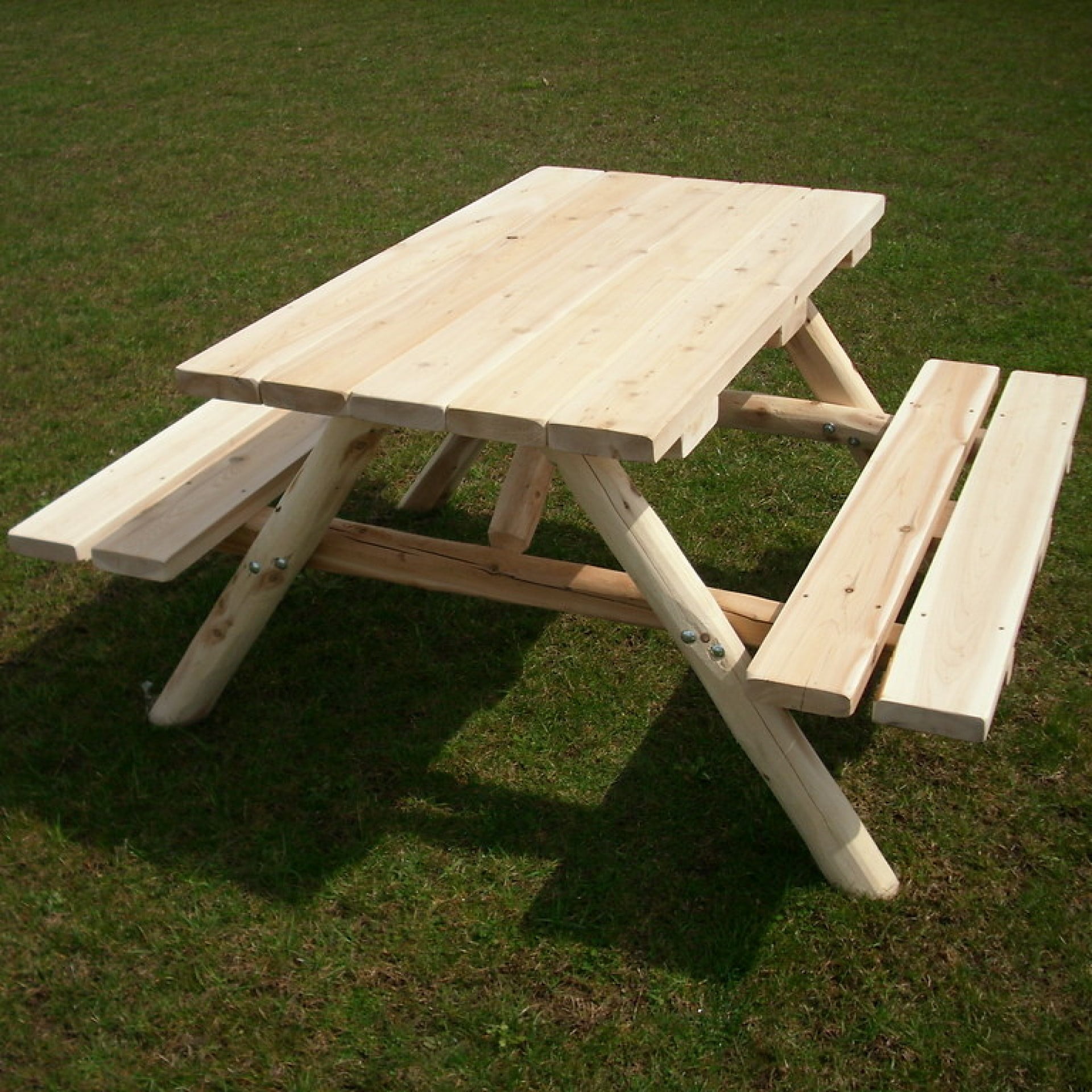 White Cedar Log Outdoor Picnic Table with Attached Benches